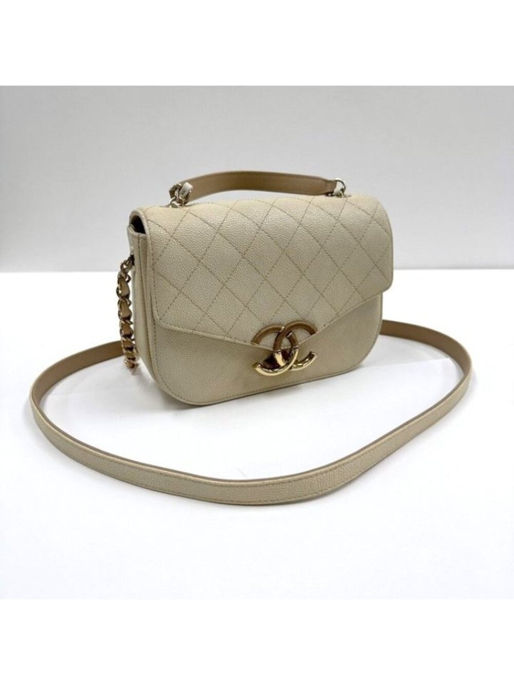 Chanel CC Logo Top Handle 2-Way Bag Caviar Leather Ivory
